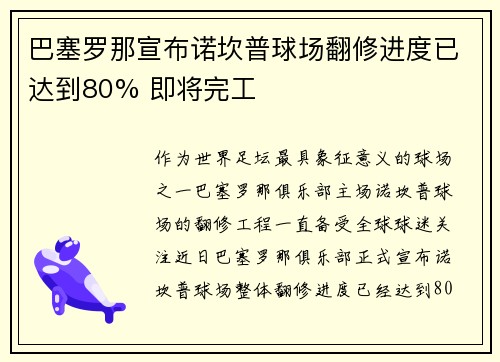 巴塞罗那宣布诺坎普球场翻修进度已达到80% 即将完工 巴塞罗那宣布诺坎普球场翻修进度已达到80% 即将完工