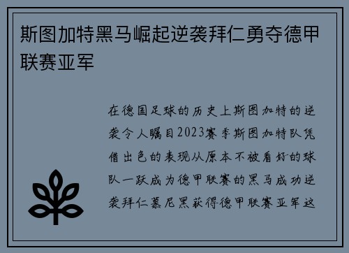 斯图加特黑马崛起逆袭拜仁勇夺德甲联赛亚军 斯图加特黑马崛起逆袭拜仁勇夺德甲联赛亚军